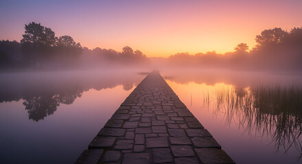 Stone path across misty lake at sunrise dawn