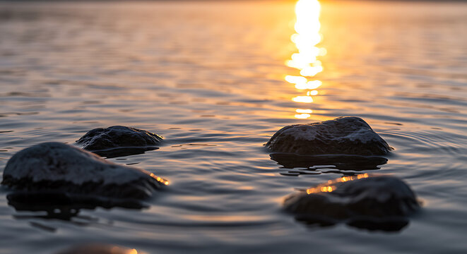 Smooth stones in calm water at sunset rocks golden hour