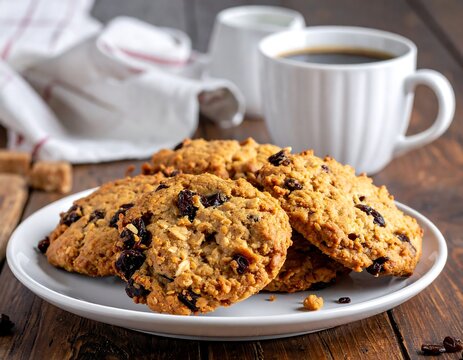 Close-up of baked cookies on a white plate, with coffee, cream, and a napkin