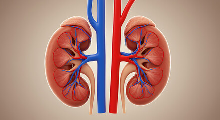 Human kidney anatomy with red artery and blue vein