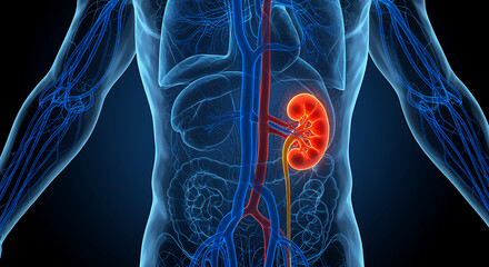 Human kidney anatomy with circulatory system and organs