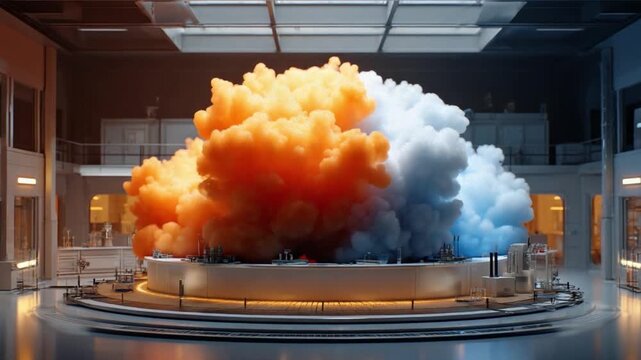 Chromatic Cloud of Energy: The image unveils a dramatic display of controlled power, as an explosion of vibrant, swirling hues of orange and blue erupts within a futuristic.