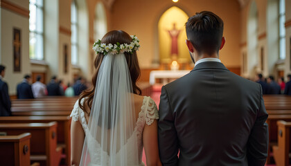 Couple praying together in a church during their wedding ceremony
