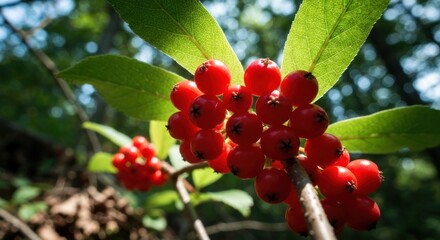 Fototapeta premium Bright red berries cluster on a green leafy branch in dappled sunlight