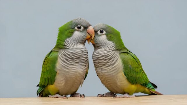 Two monk parakeets facing each other on a wooden surface, studio shot