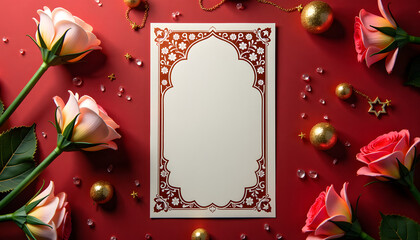 Wedding border design with blush and burgundy flowers and decorative elements copy space
