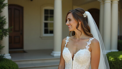 Bride wearing diamond earrings and smiling in front of an elegant house
