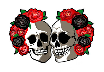 Two skulls with red and black roses illustration