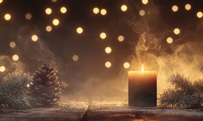 Burning candle illuminates a snow-dusted pine cone and frosted branches with warm festive bokeh lights