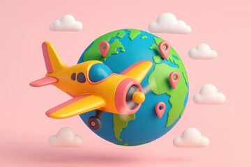 Cartoon airplane flies around a globe with location pins