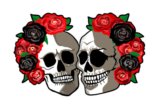 Two skulls with red and black roses illustration