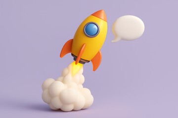 Cartoon yellow rocket launching with speech bubble, against purple