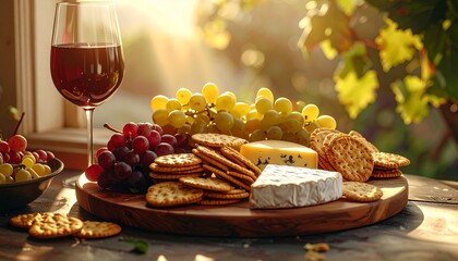 An elegant charcuterie board with a selection of fine cheeses, fresh grapes, and crispy crackers, accompanied by a glass of red wine in warm sunlight