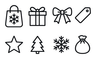 Black christmas icons: gift bag, present, bow, tag, star, tree, snowflake, sack