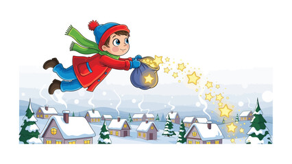 Starry Delivery: A cheerful young boy flies over a serene winter wonderland, spreading joy and enchantment as he scatters twinkling stars.
