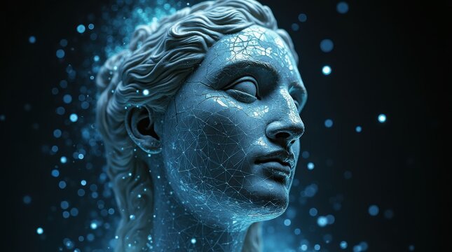 A fractured classical statue face is being reassembled by glowing digital threads of light
