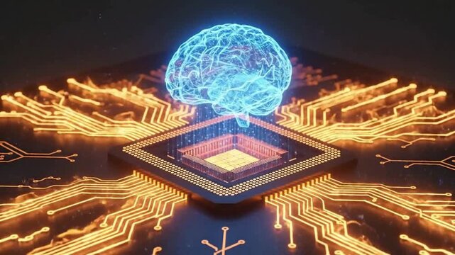 Futuristic AI brain processing data signals from glowing circuit board, symbolizing innovation and digital intelligence for technology concepts - Powered by Adobe