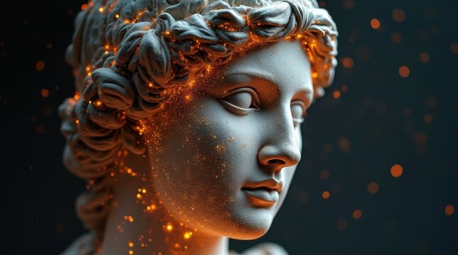 A fractured classical statue face is being reassembled by glowing digital threads of light
