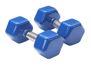 Pair of bright blue hexagonal dumbbells isolated on a black background for fitness and exercise