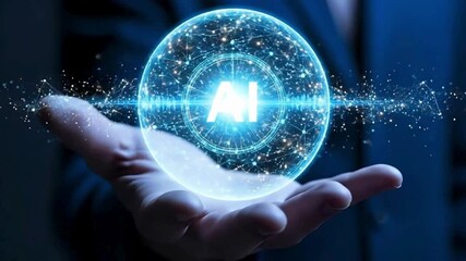 Futuristic AI sphere glowing with connections held in a hand, symbolizing future technology and global innovation - Powered by Adobe