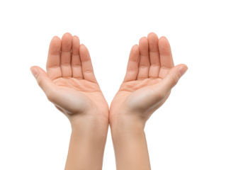 Two open human hands held upwards in a gesture of prayer or offering against a black background