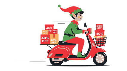 Christmas Delivery: A cheerful elf on a vintage scooter makes swift deliveries of holiday gifts, showcasing festive spirit with 40% off discounts.