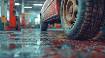 Close-up of a dirty car tire and rusty wheel in a mechanic's shop