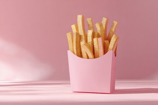  Gold French Fries in Pink Carton on Pink Background 