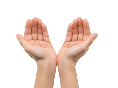 Two open human hands held upwards in a gesture of prayer or offering against a black background
