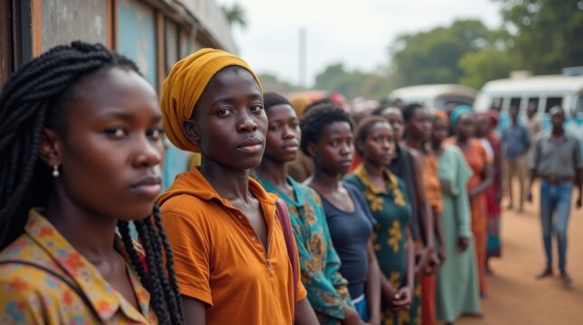 A long queue of diverse people waiting for a mobile health clinic