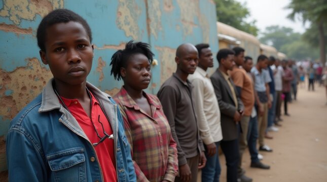 A long queue of diverse people waiting for a mobile health clinic
