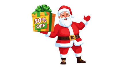 Santa with Gift and Promotion: Santa Claus cheerfully presents a festive gift box, with a bold 50% Off sticker, embodying the joy of holiday sales and cheerful promotion.