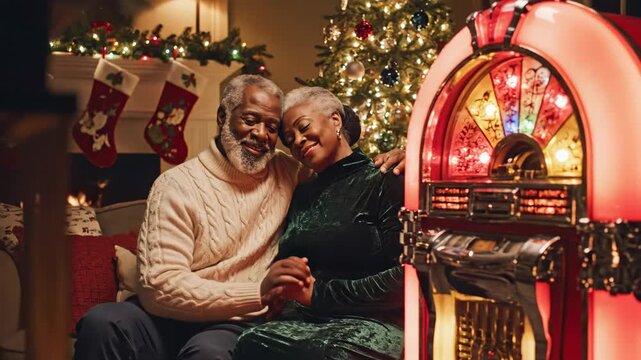 Cozy Christmas Evening with Music - An older Black couple sits embraced on a couch near a Christmas tree and a vintage jukebox. The scene evokes feelings of warmth, love, and holiday cheer.