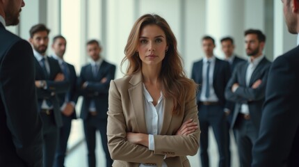 A single female figure stands outside a closed circle of male business figures
