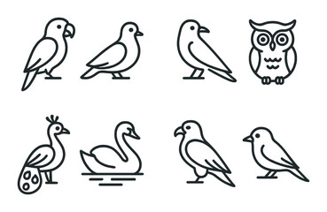 Obraz premium Outlined bird icons: parrot, dove, crow, owl, peacock, swan