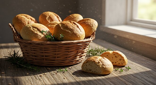 Close-up of freshly baked bread rolls in a basket, on a wooden table, near a window