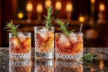 Cocktails served on a dark bar top with rosemary garnishes in a warm, inviting atmosphere