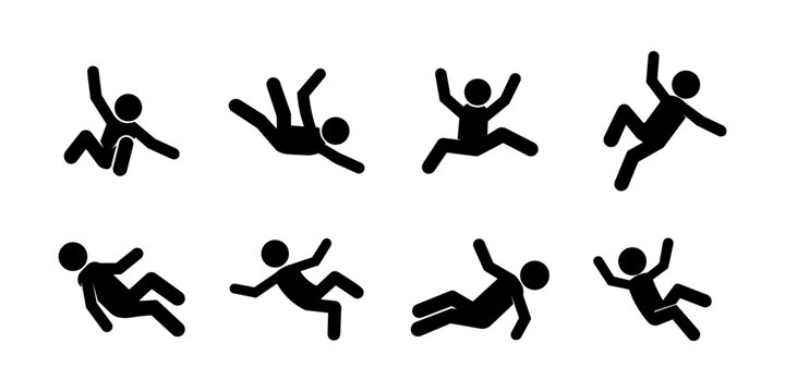 Collection of Stickman Falling Silhouettes in Various Dynamic Poses and Movements.