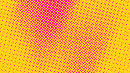 Vibrant pop art halftone pattern featuring a gradient transition from yellow dots on magenta to smaller dots. Ideal for attention-grabbing advertising, comic styles, retro themes, and lively social me