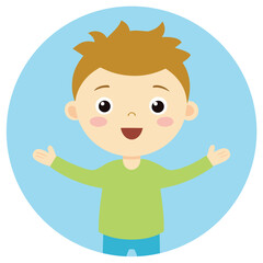 Cartoon illustration of cheerful boy with outstretched arms for welcoming or greeting