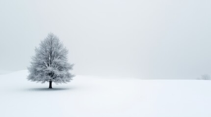 Fototapeta premium Minimalist winter landscape with a single snow-covered tree 