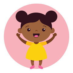 Cheerful Black Girl in Yellow Dress Illustration with Pink Background Circle Design