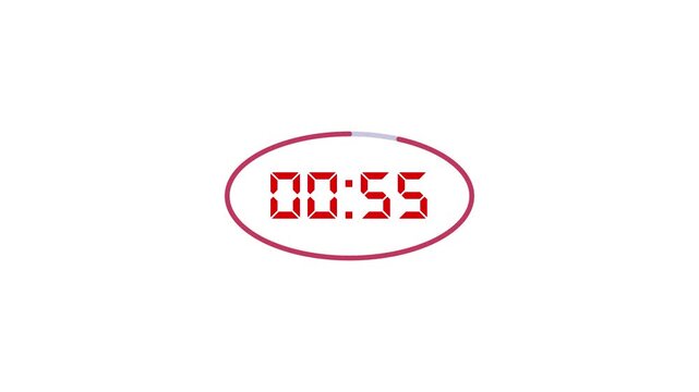 One minute countdown timer, sliding number animation, counting from one minute to zero, digital clock, 60 second scrolling countdown, white background footage