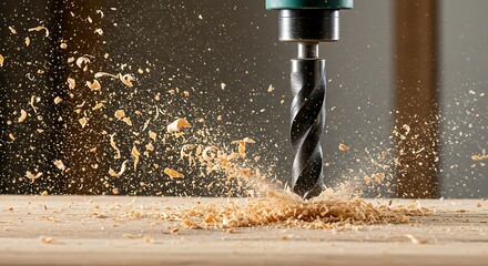 Close-up of a power drill in action creating sawdust from drilling a wooden surface