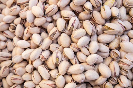 Pistachios with shells in close-up view