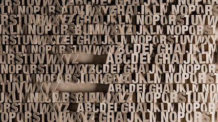 3D letters form abstract background on sculpted stone wall
