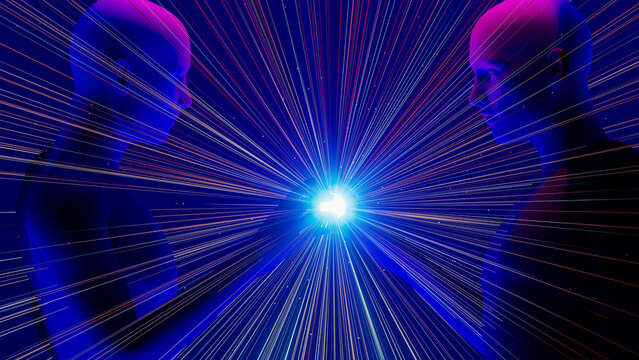 Humans interact with an energy sphere representing advanced technology