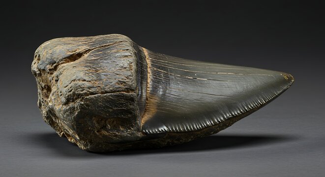 Close-up of a prehistoric megalodon shark tooth, with dark, rough, and serrated edges