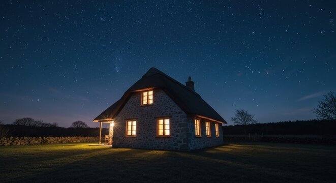Cozy stone cottage with thatched roof illuminated at night under starlit sky