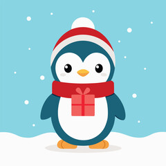 Cute Cartoon Penguin Wearing Hat Scarf and Holding a Christmas Gift in Winter